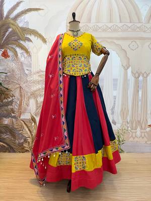 Red Embroidery and Miror Work Cotton Navratri Lehenga Choli set  4