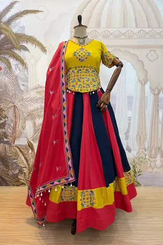 Red Embroidery and Miror Work Cotton Navratri Lehenga Choli set 