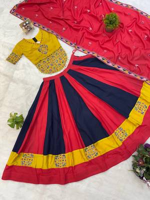 Red Embroidery and Miror Work Cotton Navratri Lehenga Choli set  5