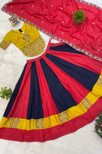 Red Embroidery and Miror Work Cotton Navratri Lehenga Choli set 