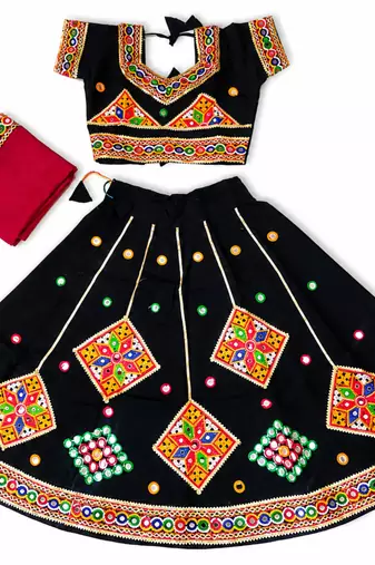 Black kutch work embroidered cotton mirrorwork chaniya choli set with dupatta