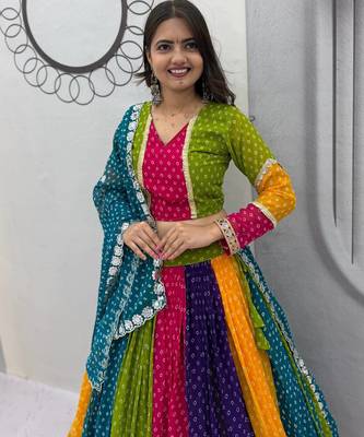 Multi Bandhani Print Sequins Work Georgette Navratri Lahenga Choli Set 3