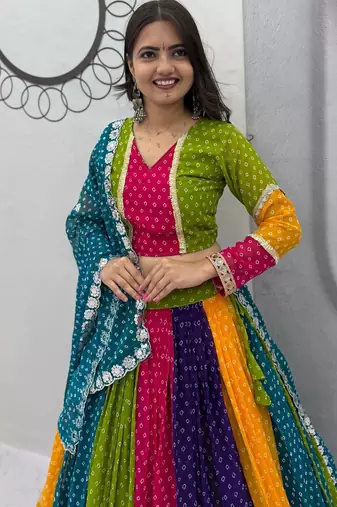Multi Bandhani Print Sequins Work Georgette Navratri Lahenga Choli Set