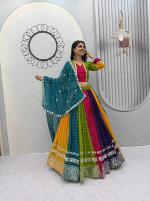 Multi Bandhani Print Sequins Work Georgette Navratri Lahenga Choli Set 1