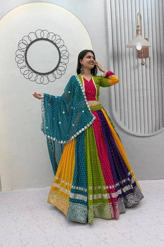 Multi Bandhani Print Sequins Work Georgette Navratri Lahenga Choli Set