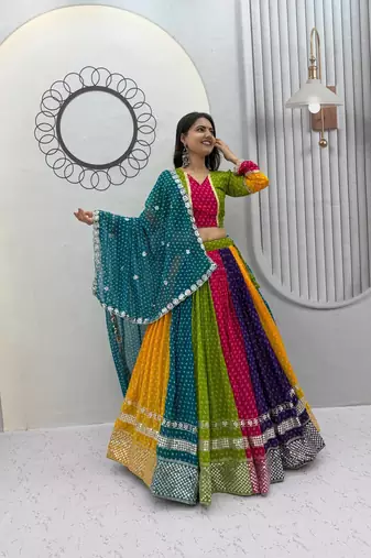 Multi Bandhani Print Sequins Work Georgette Navratri Lahenga Choli Set