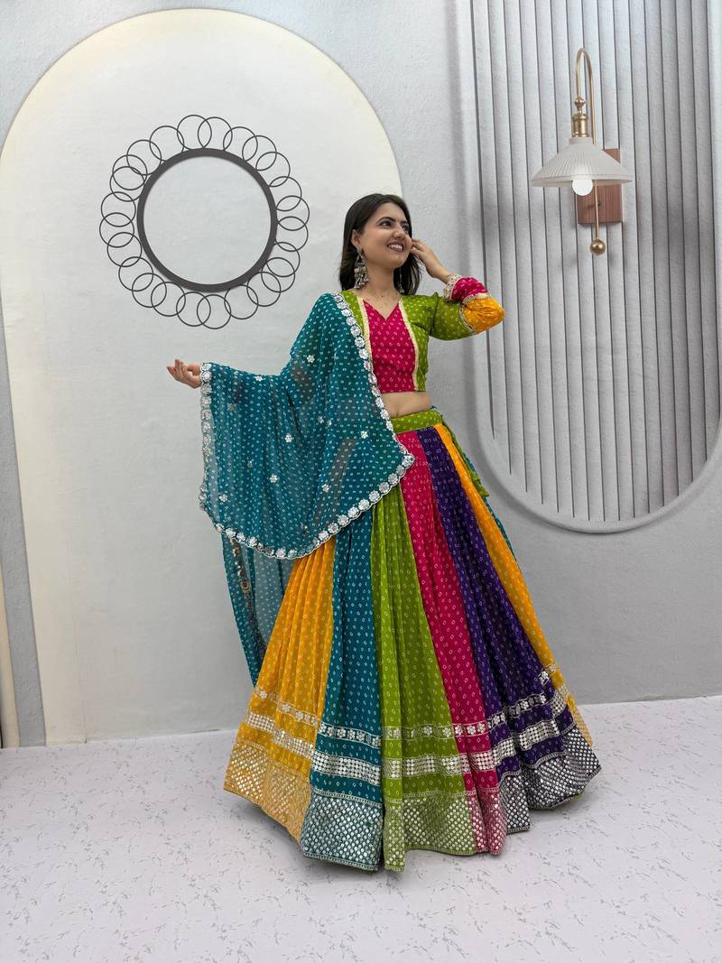 Multi Bandhani Print Sequins Work Georgette Navratri Lahenga Choli Set