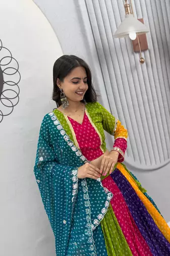 Multi Bandhani Print Sequins Work Georgette Navratri Lahenga Choli Set