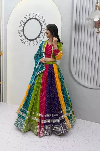 Multi Bandhani Print Sequins Work Georgette Navratri Lahenga Choli Set