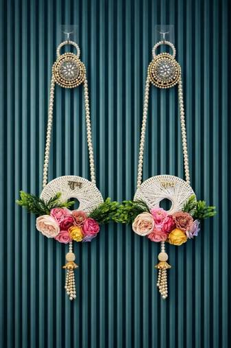 handmade shubh labh door hanging with pearl tassels and artificial floral decoration for home decor (pack of 2)