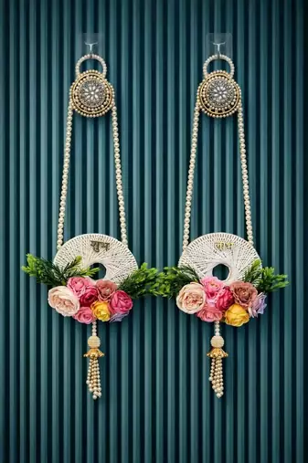 handmade shubh labh door hanging with pearl tassels and artificial floral decoration for home decor (pack of 2)