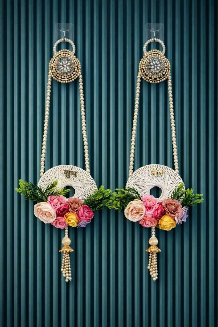 handmade shubh labh door hanging with pearl tassels and artificial floral decoration for home decor (pack of 2)