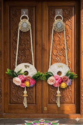 handmade shubh labh door hanging with pearl tassels and artificial floral decoration for home decor (pack of 2) 2