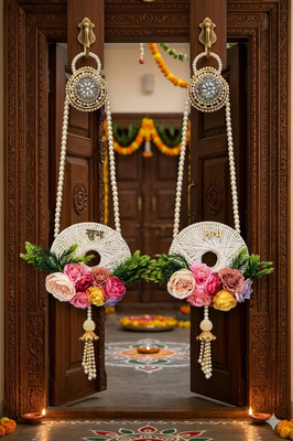 handmade shubh labh door hanging with pearl tassels and artificial floral decoration for home decor (pack of 2) 3