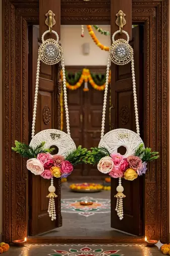 handmade shubh labh door hanging with pearl tassels and artificial floral decoration for home decor (pack of 2)