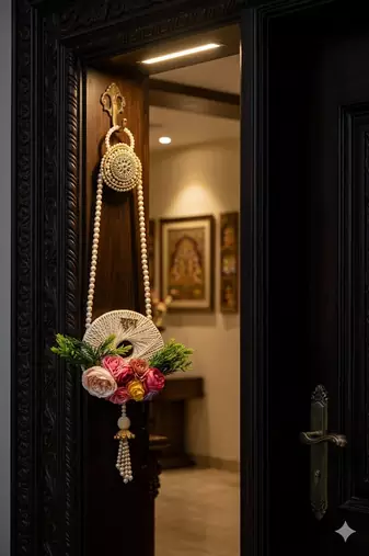 handmade shubh labh door hanging with pearl tassels and artificial floral decoration for home decor (pack of 2)