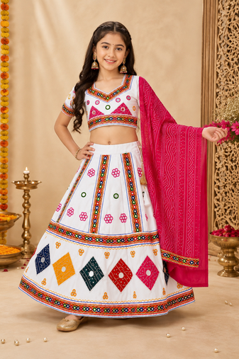 White kutch work embroidered cotton mirrorwork chaniya choli set with dupatta