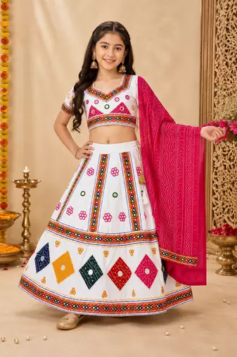 White kutch work embroidered cotton mirrorwork chaniya choli set with dupatta