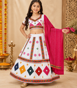 White kutch work embroidered cotton mirrorwork chaniya choli set with dupatta