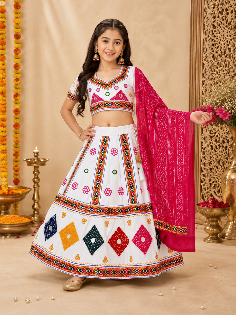White kutch work embroidered cotton mirrorwork chaniya choli set with dupatta