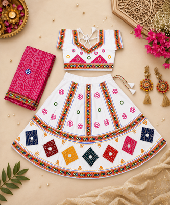 White kutch work embroidered cotton mirrorwork chaniya choli set with dupatta 2
