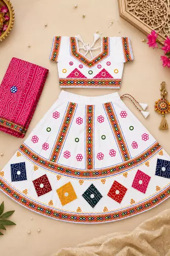 White kutch work embroidered cotton mirrorwork chaniya choli set with dupatta