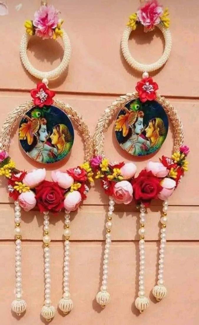 handmade radha krishna floral pearl hanging wall decor  decorative wall hanging for home decoration (pack of 2)