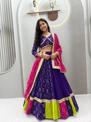 Purple Heavy Embroidery Work & miror lace Faux Georgette Navratri Lahenga Choli Set  1