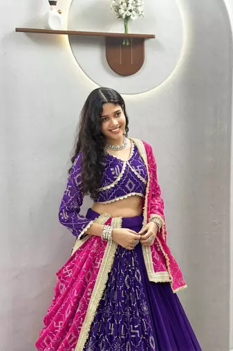 Purple Heavy Embroidery Work & miror lace Faux Georgette Navratri Lahenga Choli Set 
