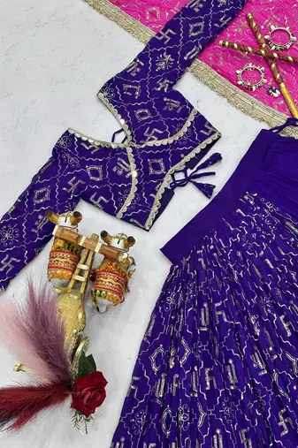 Purple Heavy Embroidery Work & miror lace Faux Georgette Navratri Lahenga Choli Set 