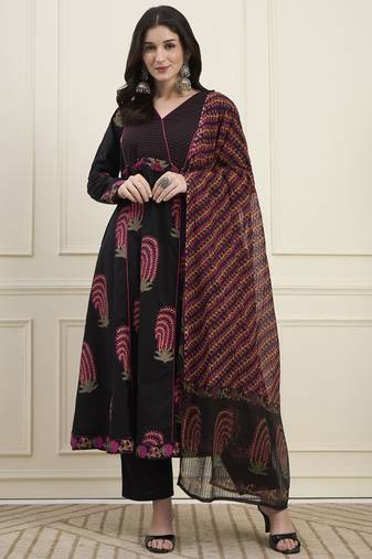 black cotton flare kantha work kurta pant dupatta set