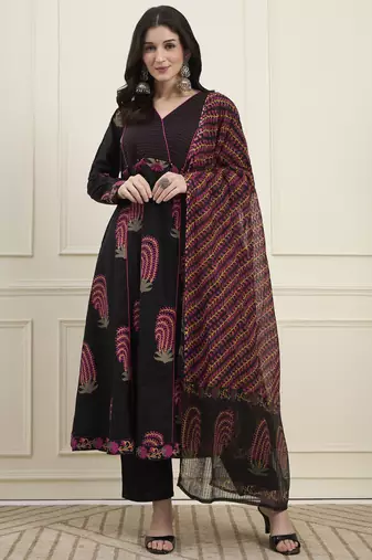black cotton flare kantha work kurta pant dupatta set