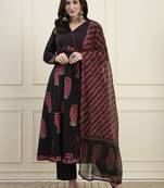 black cotton flare kantha work kurta pant dupatta set