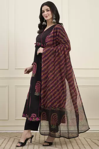 black cotton flare kantha work kurta pant dupatta set