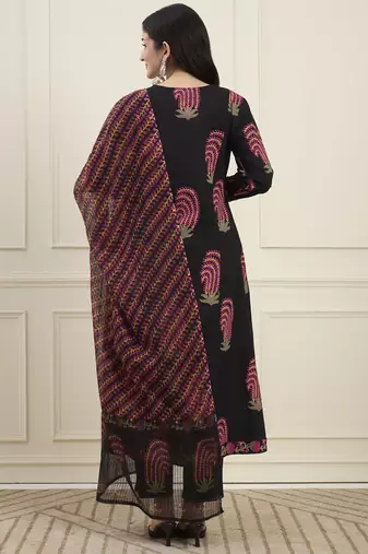 black cotton flare kantha work kurta pant dupatta set