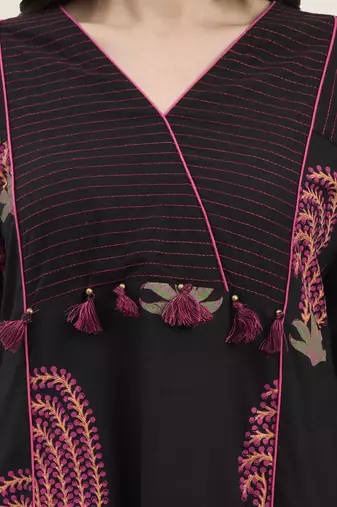 black cotton flare kantha work kurta pant dupatta set