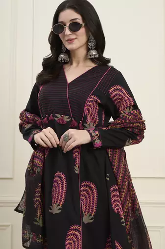 black cotton flare kantha work kurta pant dupatta set