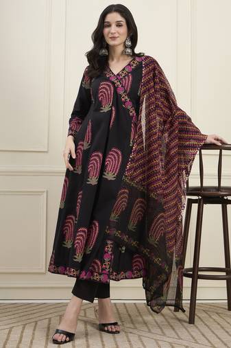 black cotton angrkha style kurta pant dupatta set