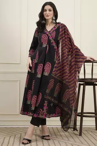 black cotton angrkha style kurta pant dupatta set