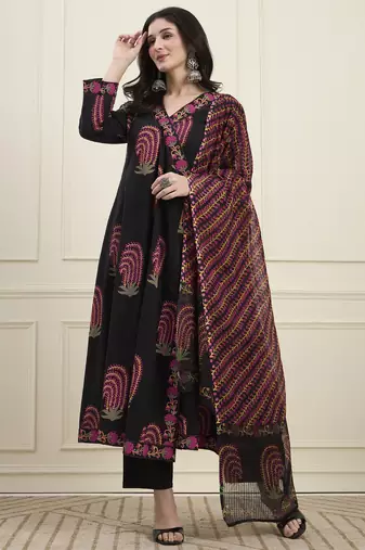 black cotton angrkha style kurta pant dupatta set