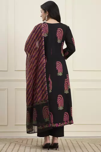 black cotton angrkha style kurta pant dupatta set