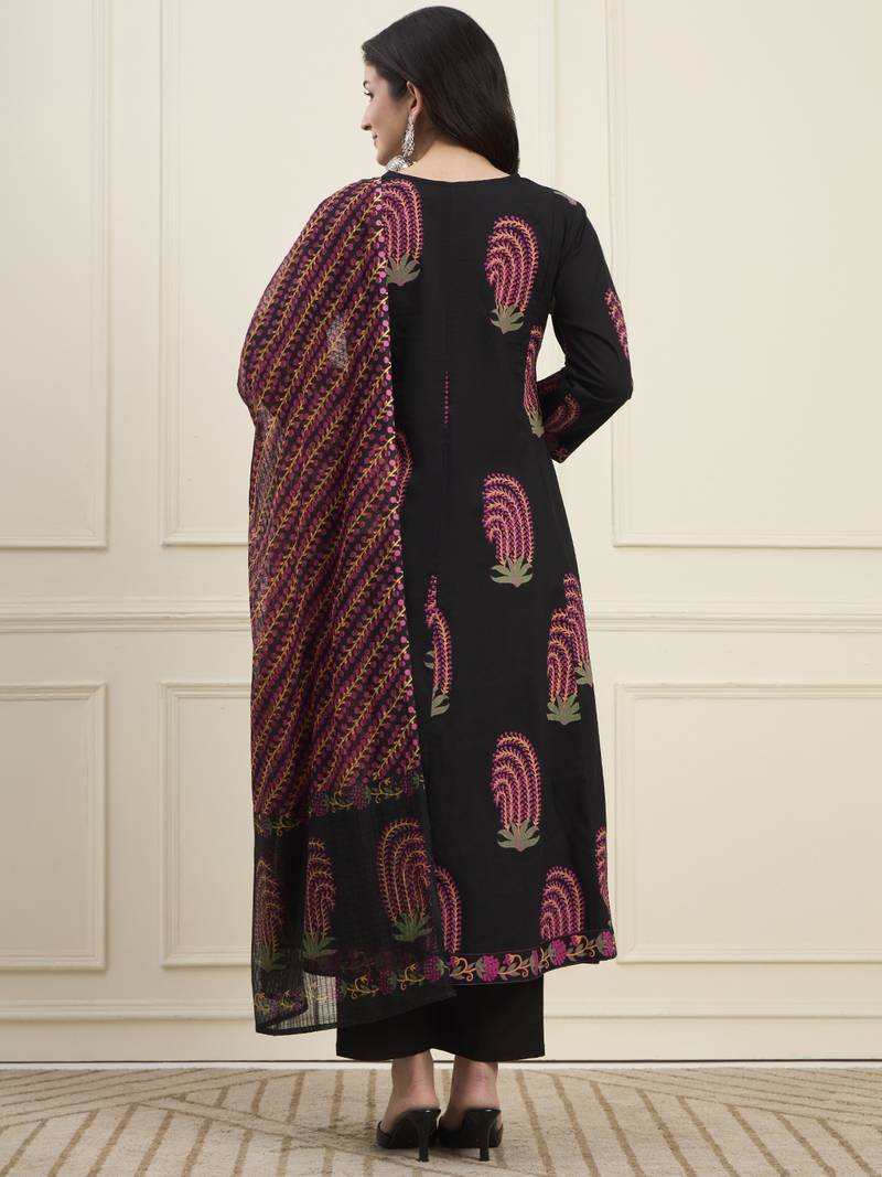 black cotton angrkha style kurta pant dupatta set