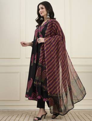 black cotton angrkha style kurta pant dupatta set 5