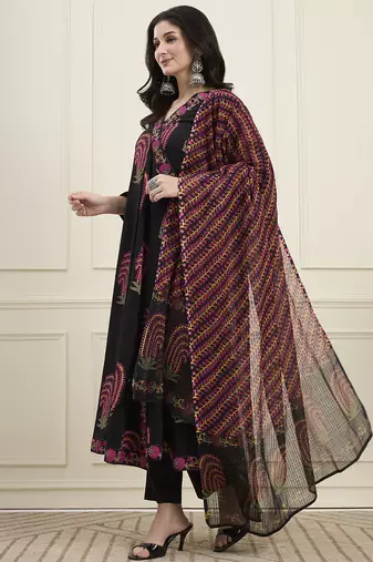 black cotton angrkha style kurta pant dupatta set