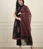 Yufta black cotton pintuck a line style kurta pant dupatta set