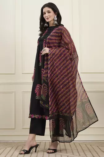 Yufta black cotton pintuck a line style kurta pant dupatta set