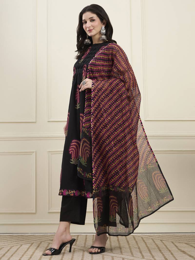 Yufta black cotton pintuck a line style kurta pant dupatta set