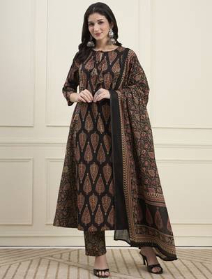 black cotton kalidaar style kurta pant dupatta set 1