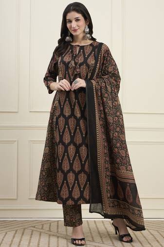 black cotton kalidaar style kurta pant dupatta set