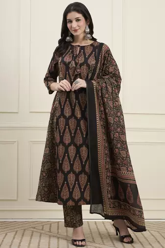 black cotton kalidaar style kurta pant dupatta set